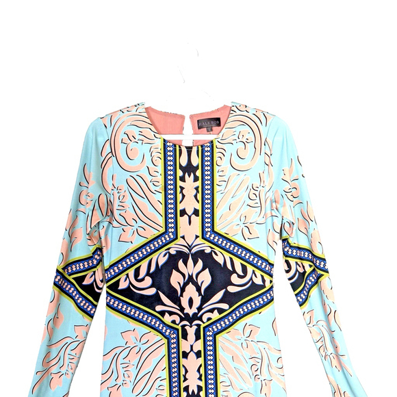 Hale Bob Women's Long Sleeve Light Blue with Pink and Black Dress - Picture 4 of 11